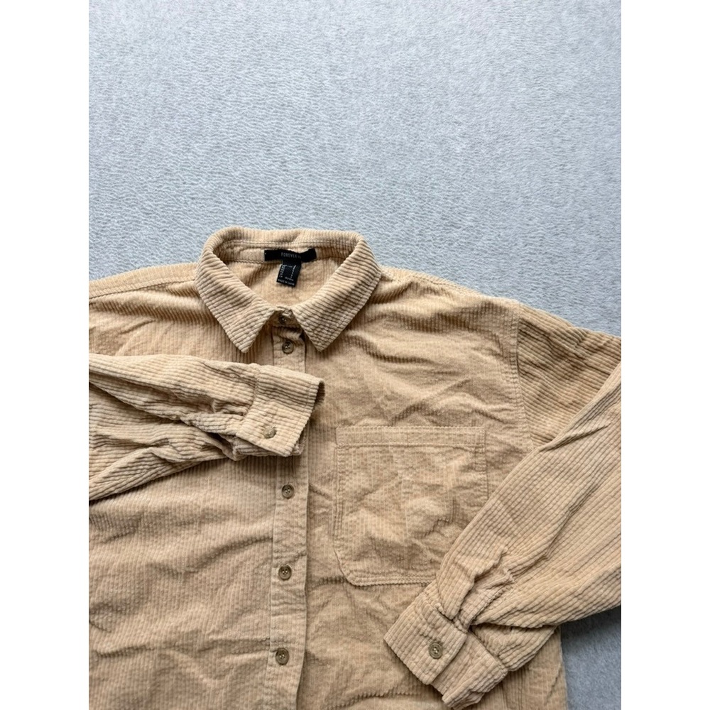 Forever 21 Tan Corduroy Button Down Shirt Long Sleeve Pocket Top Beige Small